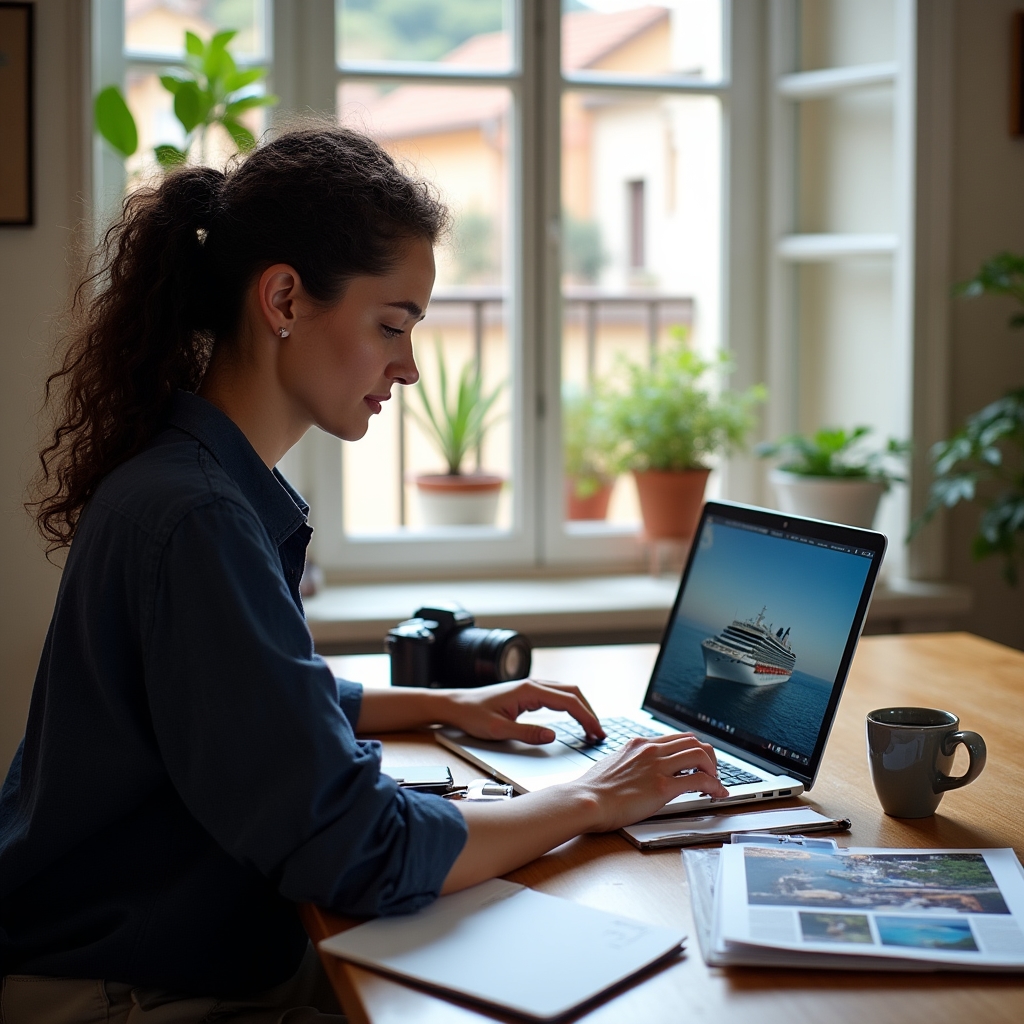 Giornalista freelance che lavora su materiale editoriale per crociere mediterranee